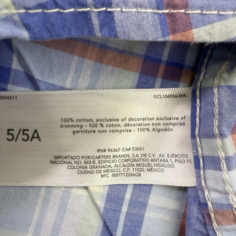 OshKosh‎ B'Gosh Shirt Boys Size 5 Blue/Coral Plaid Button-Up Long Sleeve